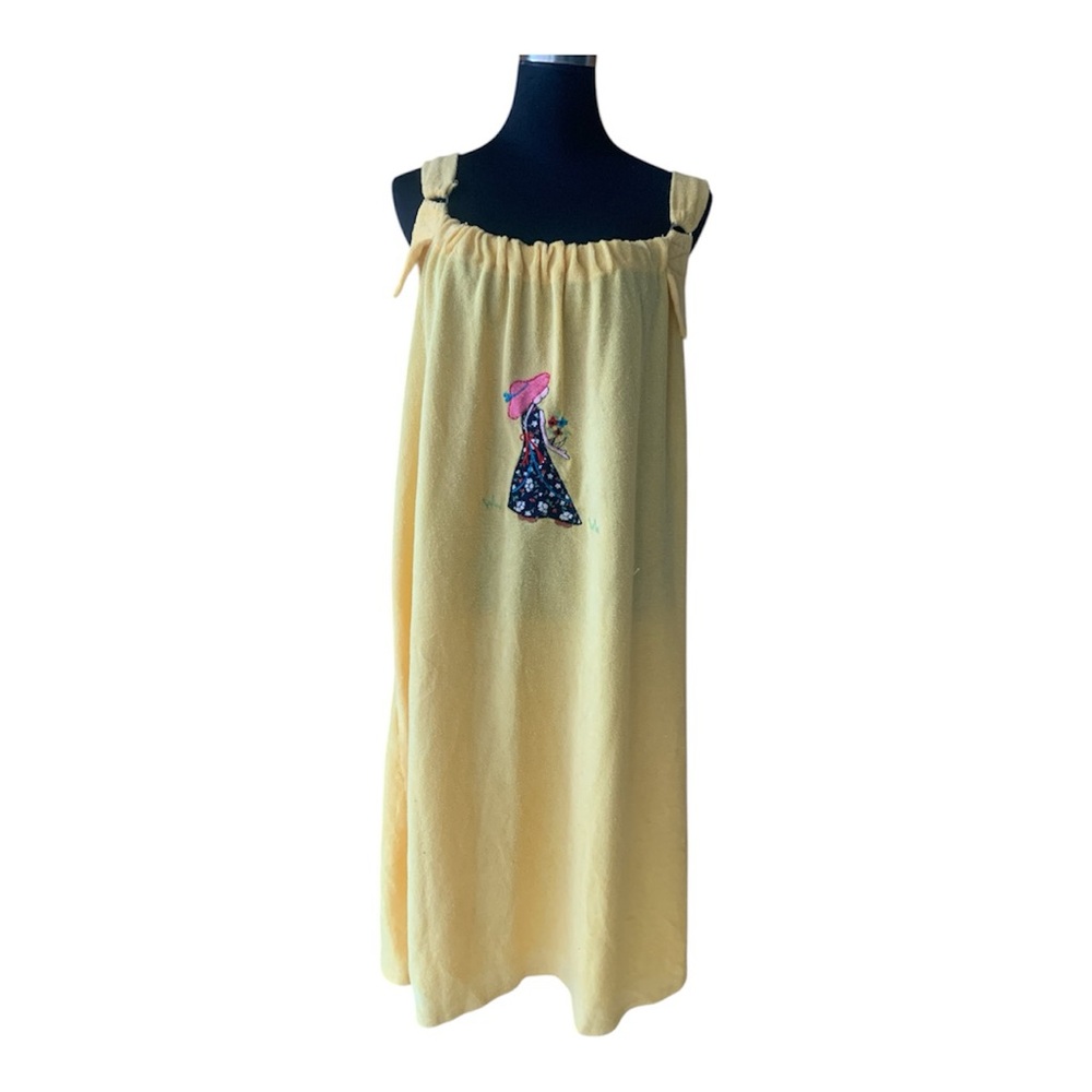 Vintage 80s Terrycloth Cotton Knee Length Sleeveless Dress Yellow Thick Straps M